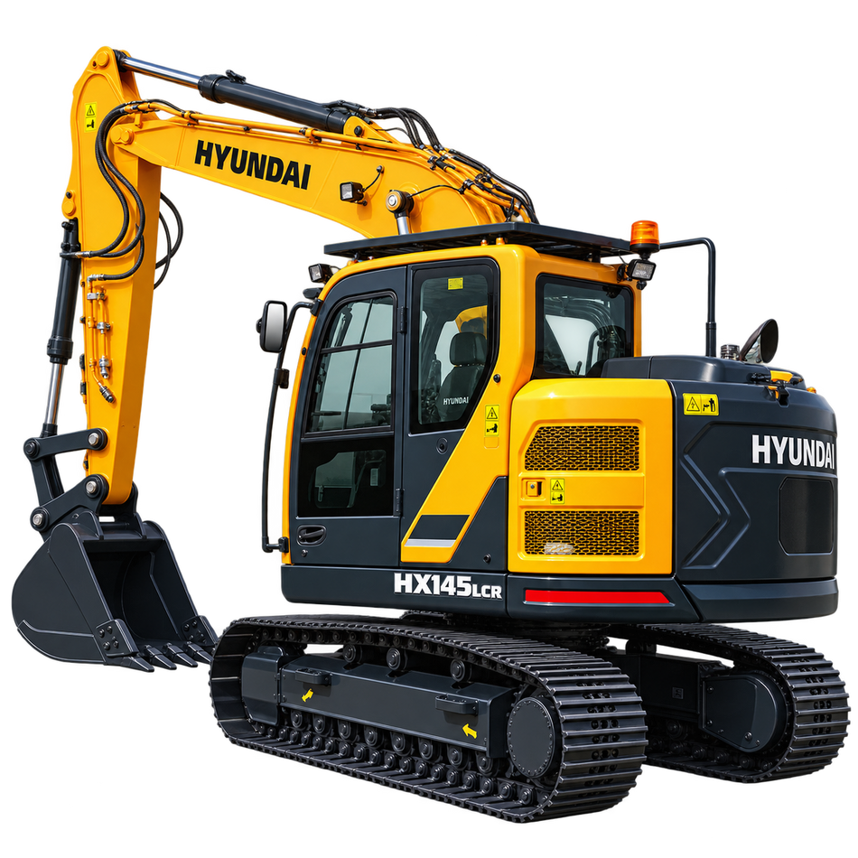 Yellow Hyundai HX145LCR excavator with black tracks, enclosed cab, yellow boom and arm, and black bucket on a transparent background.