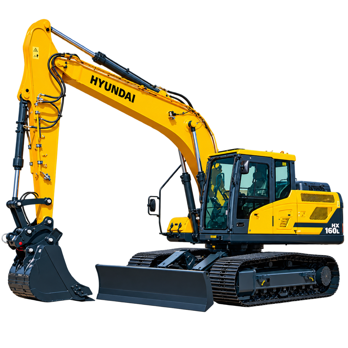 Yellow Hyundai HX160L excavator with black steel tracks, enclosed cab, front dozer blade, hydraulic boom, and black digging bucket on a transparent background.