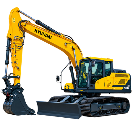 Yellow Hyundai HX160L excavator with black steel tracks, enclosed cab, front dozer blade, hydraulic boom, and black digging bucket on a transparent background.