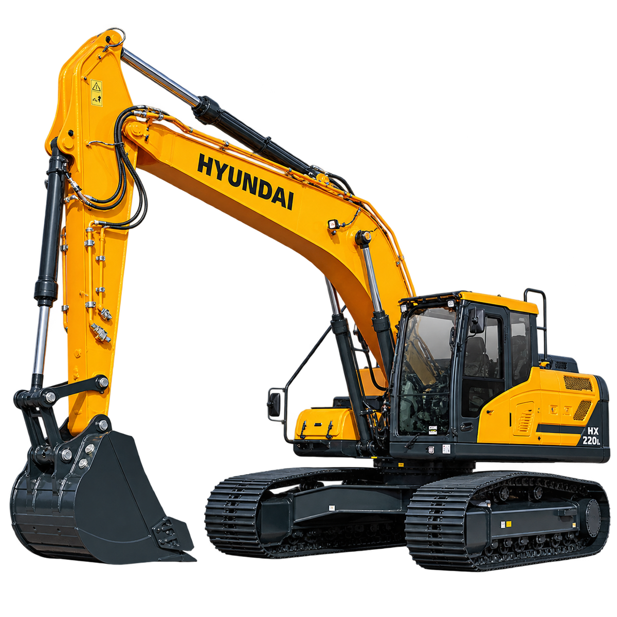Yellow Hyundai HX220L excavator with black tracks, enclosed cab, black digging bucket, and hydraulic boom on a transparent background.