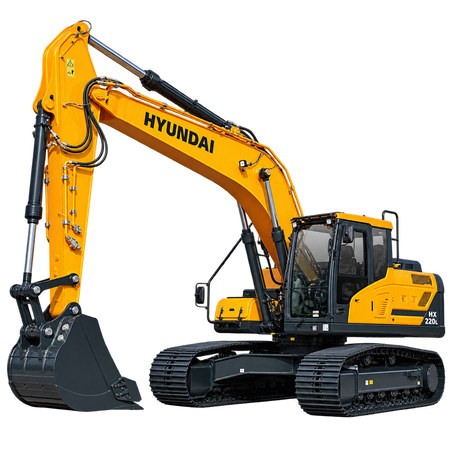 Yellow Hyundai HX220L excavator with black tracks, enclosed cab, black digging bucket, and hydraulic boom on a transparent background.