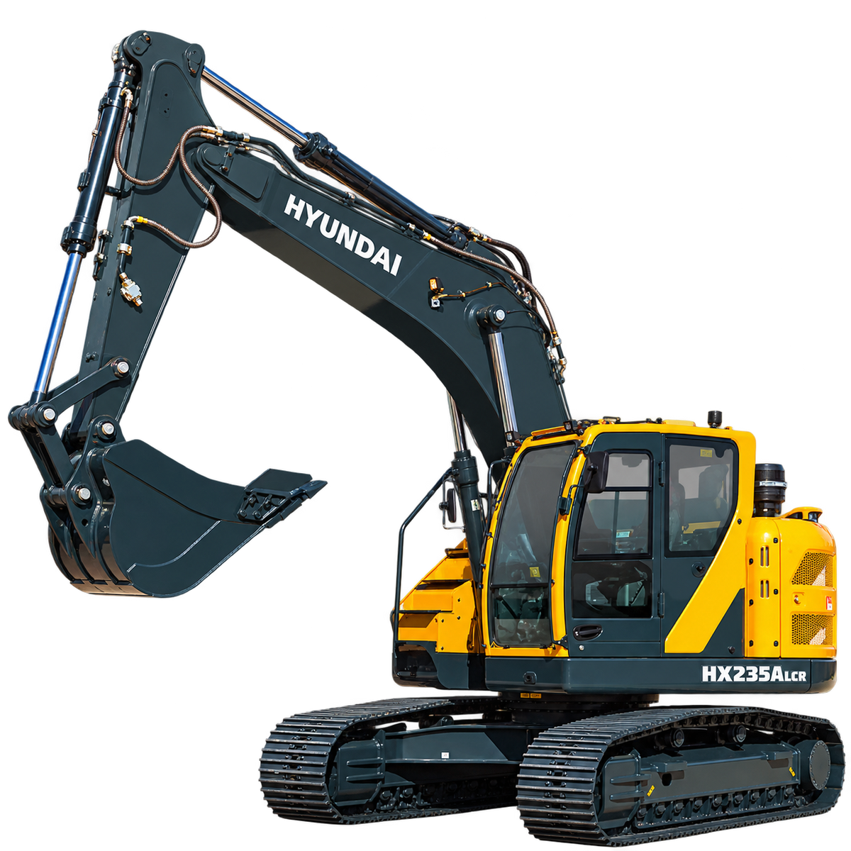Yellow and dark gray Hyundai HX235A LCR excavator with black tracks, enclosed cab, hydraulic boom, and dark gray digging bucket on a transparent background.