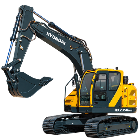 Yellow and dark gray Hyundai HX235A LCR excavator with black tracks, enclosed cab, hydraulic boom, and dark gray digging bucket on a transparent background.