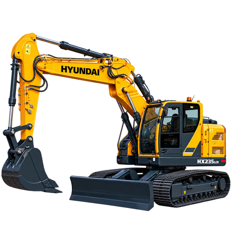 Yellow Hyundai HX235 LCR excavator with black steel tracks, enclosed cab, front dozer blade, hydraulic boom, and black digging bucket on a transparent background.