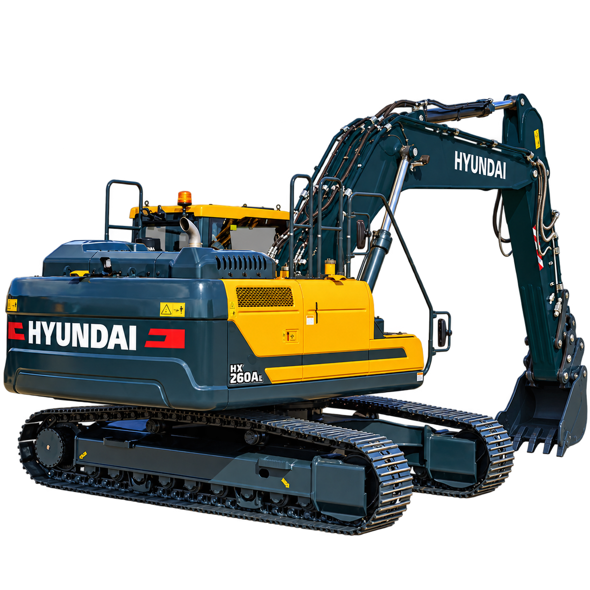 Yellow and dark blue Hyundai HX260A L excavator with black steel tracks, rear engine housing, hydraulic boom, and black digging bucket on a transparent background.