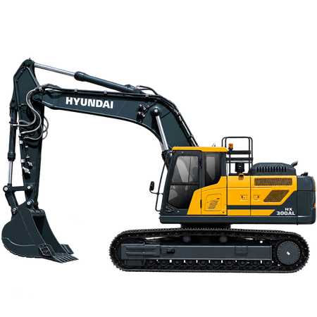 Yellow and dark gray Hyundai HX300A L excavator with black tracks, enclosed cab, hydraulic boom, and dark gray digging bucket on a transparent background.
