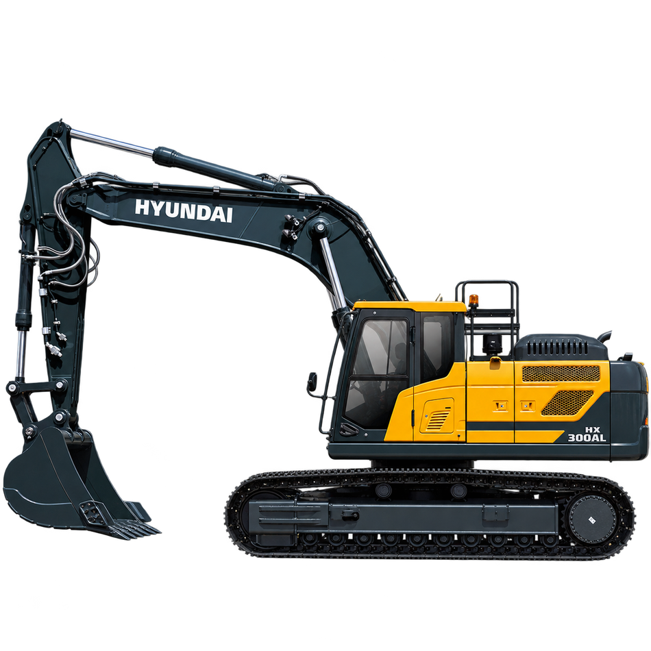 Yellow and dark gray Hyundai HX300A L excavator with black tracks, enclosed cab, hydraulic boom, and dark gray digging bucket on a transparent background.