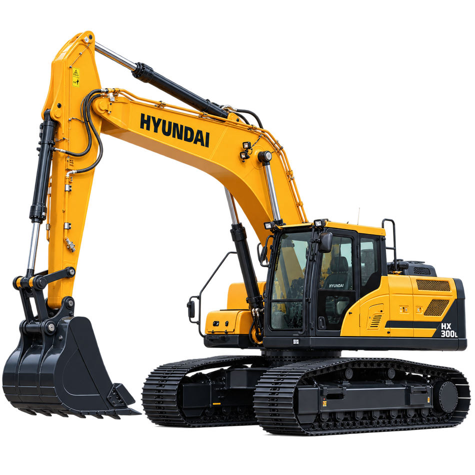 Yellow Hyundai HX300L excavator with black tracks, enclosed cab, yellow boom and arm, and black bucket on a transparent background.