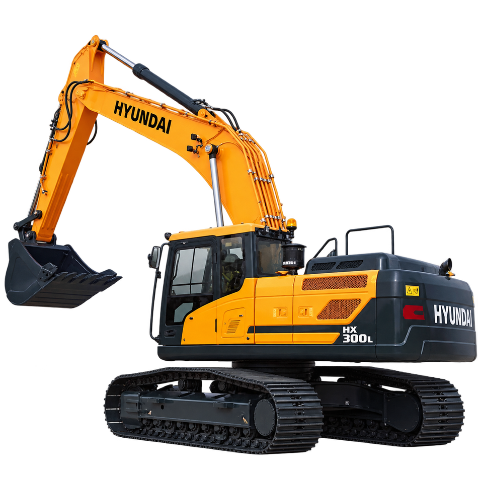Yellow Hyundai HX300L excavator with black tracks, enclosed cab, yellow boom and arm, and black bucket on a transparent background.