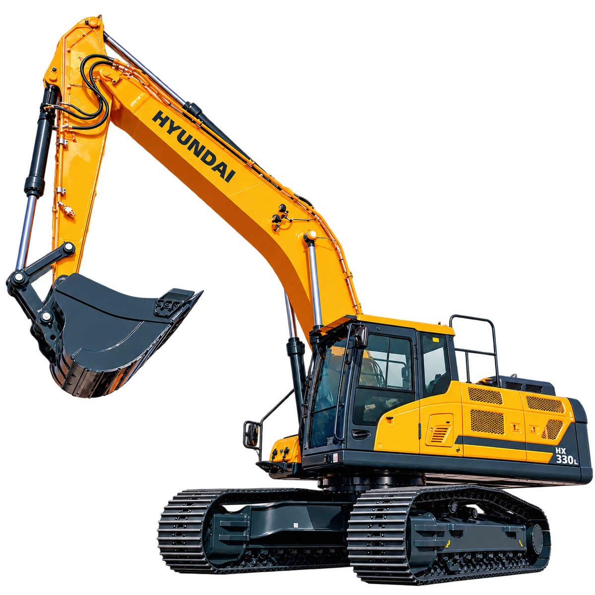 Yellow Hyundai HX330L excavator with black tracks, enclosed cab, hydraulic boom, and dark gray digging bucket on a transparent background.