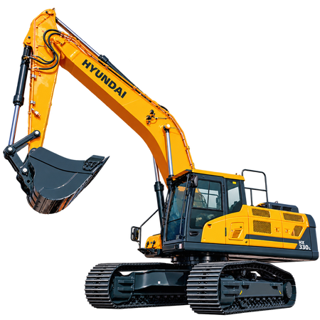Yellow Hyundai HX330L excavator with black tracks, enclosed cab, hydraulic boom, and dark gray digging bucket on a transparent background.