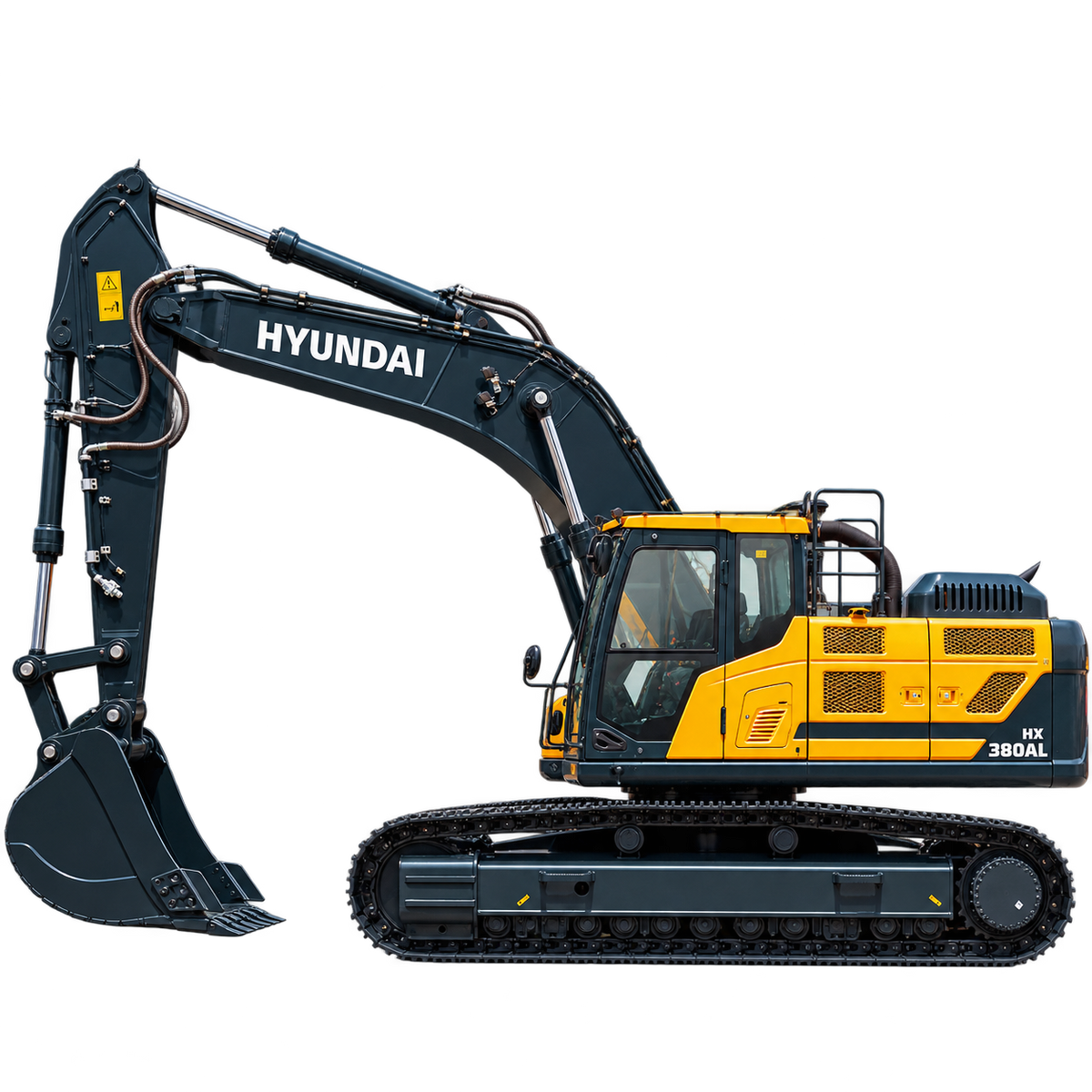 Yellow and dark gray Hyundai HX380AL excavator with black tracks, enclosed cab, hydraulic boom, and dark gray digging bucket on a transparent background.