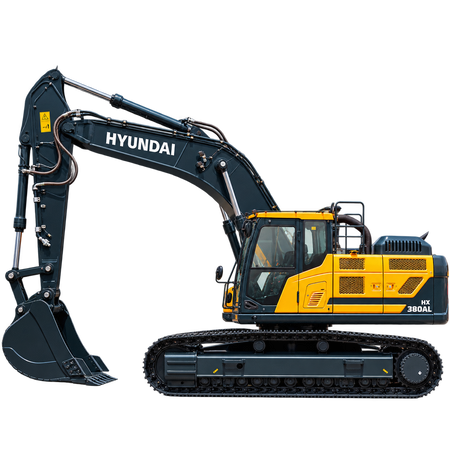 Yellow and dark gray Hyundai HX380AL excavator with black tracks, enclosed cab, hydraulic boom, and dark gray digging bucket on a transparent background.