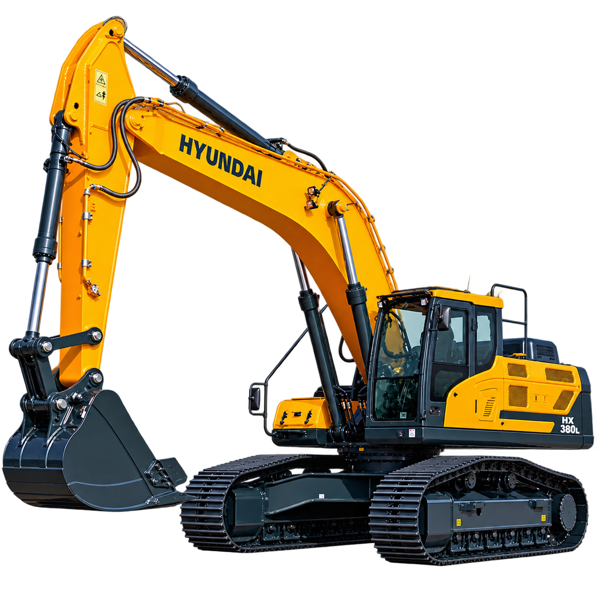 Yellow Hyundai HX380L excavator with black tracks, enclosed cab, hydraulic boom, and dark gray digging bucket on a transparent background.