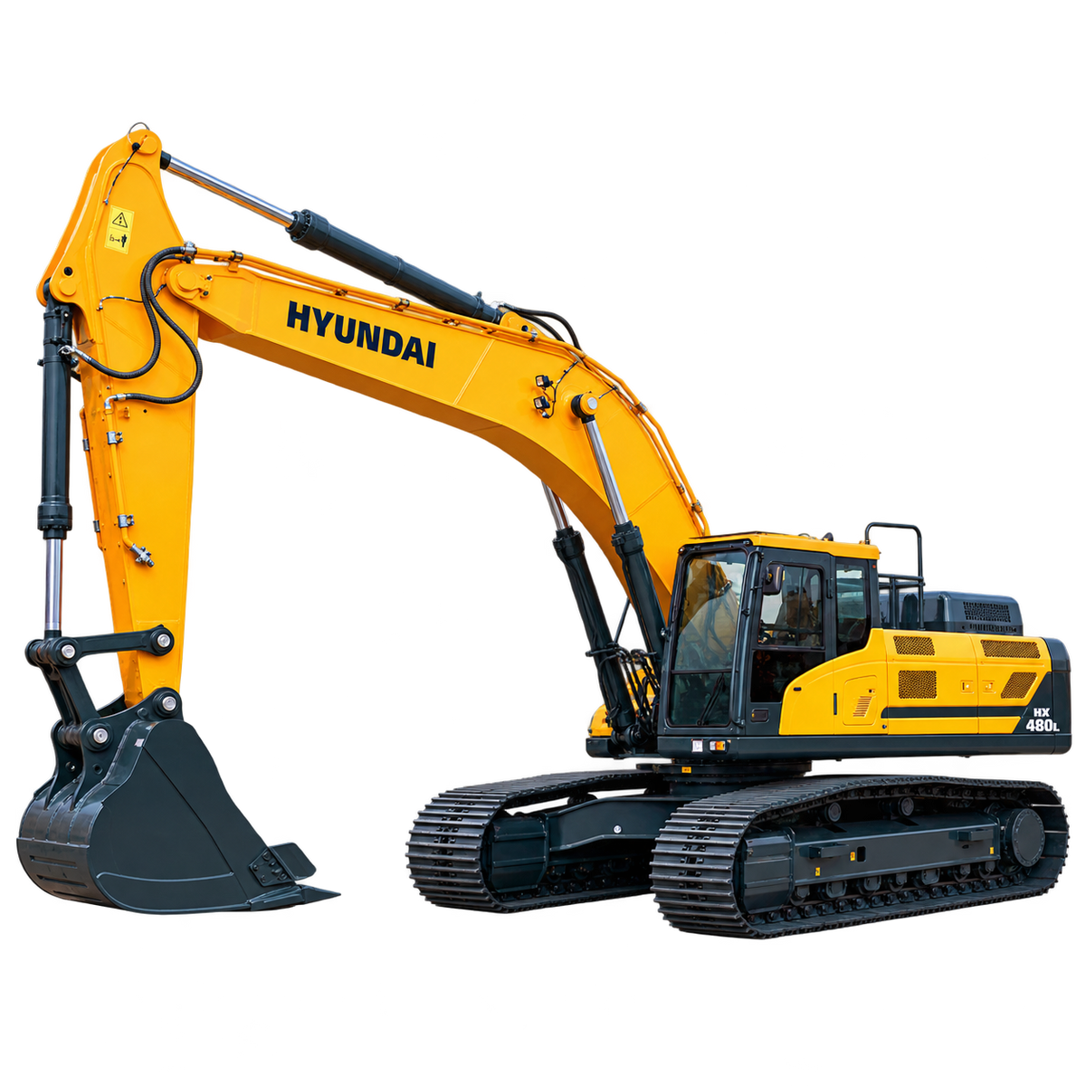 Yellow Hyundai HX480L tracked excavator with black tracks, enclosed cab, hydraulic boom, and black digging bucket on a transparent background.