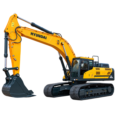 Yellow Hyundai HX480L tracked excavator with black tracks, enclosed cab, hydraulic boom, and black digging bucket on a transparent background.