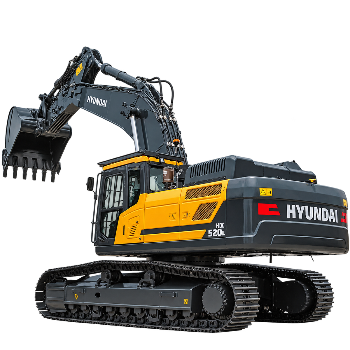 Yellow and dark gray Hyundai HX520L excavator with black steel tracks, enclosed cab, dark gray hydraulic boom, large black digging bucket, and rear engine counterweight on a transparent background.