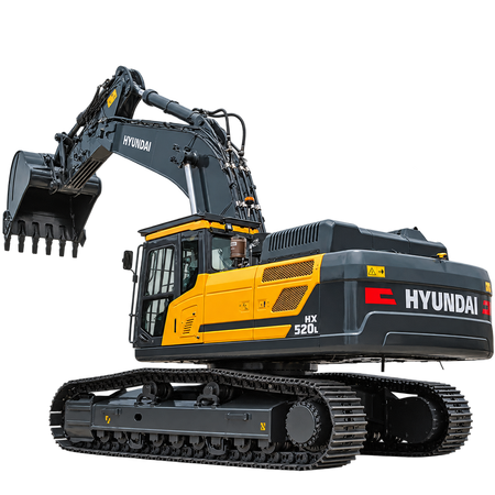 Yellow and dark gray Hyundai HX520L excavator with black steel tracks, enclosed cab, dark gray hydraulic boom, large black digging bucket, and rear engine counterweight on a transparent background.