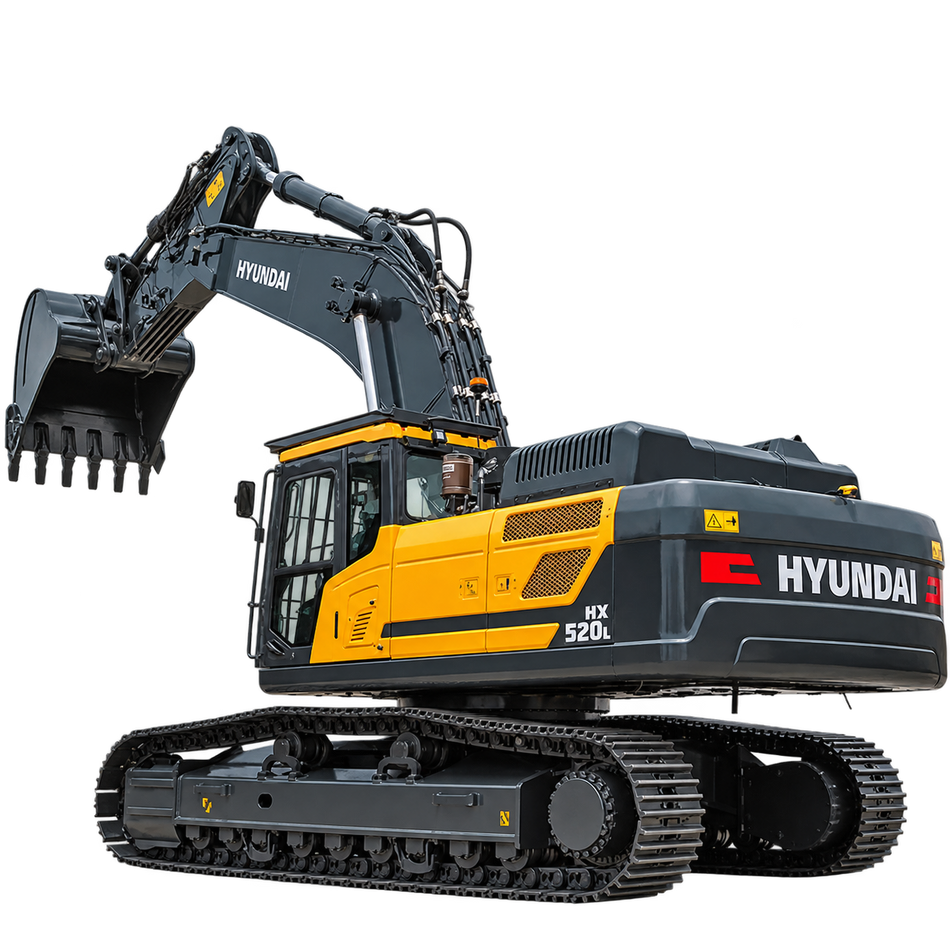 Yellow and dark gray Hyundai HX520L excavator with black steel tracks, enclosed cab, dark gray hydraulic boom, large black digging bucket, and rear engine counterweight on a transparent background.