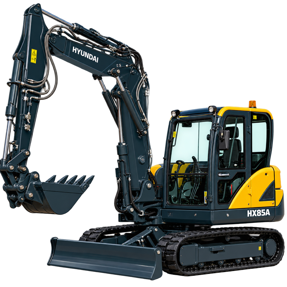 Dark blue and yellow Hyundai HX85A excavator with black tracks, enclosed cab, dark blue boom and arm, dark blue bucket, and front blade on a transparent background