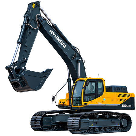 Yellow and dark gray Hyundai Robex 330LC-9S excavator with black tracks, enclosed cab, dark gray hydraulic boom, and digging bucket on a transparent background.