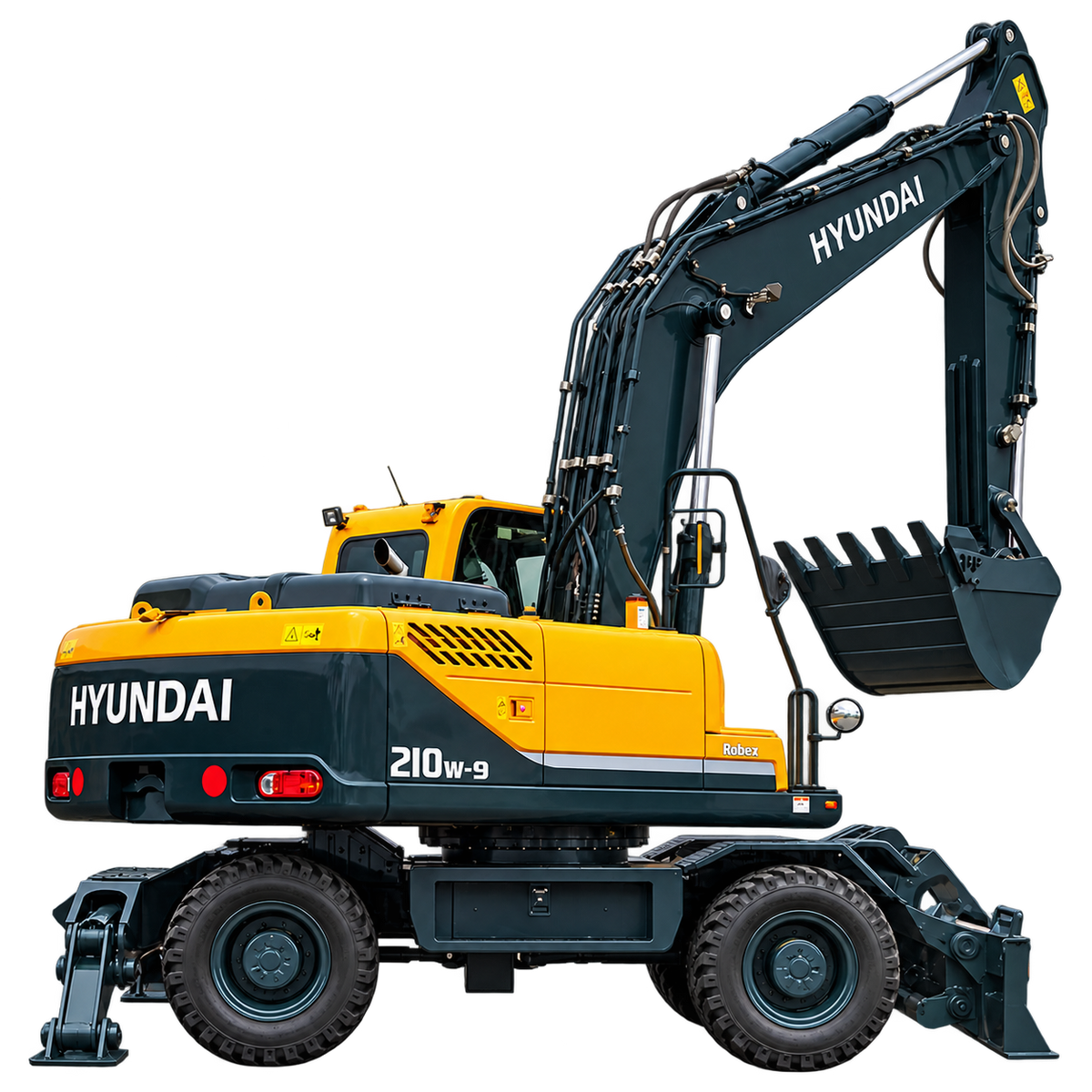 Yellow Hyundai ROBEX 210W-9 wheeled excavator with dark gray boom, enclosed cab, four rubber tires, hydraulic outriggers, and digging bucket on a transparent background.
