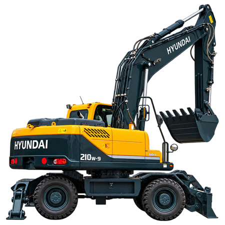 Yellow Hyundai ROBEX 210W-9 wheeled excavator with dark gray boom, enclosed cab, four rubber tires, hydraulic outriggers, and digging bucket on a transparent background.
