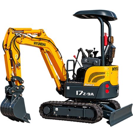 Yellow Hyundai Robex 17Z-9A mini excavator with black rubber tracks, open operator station with overhead canopy, front dozer blade, and digging bucket on a transparent background.