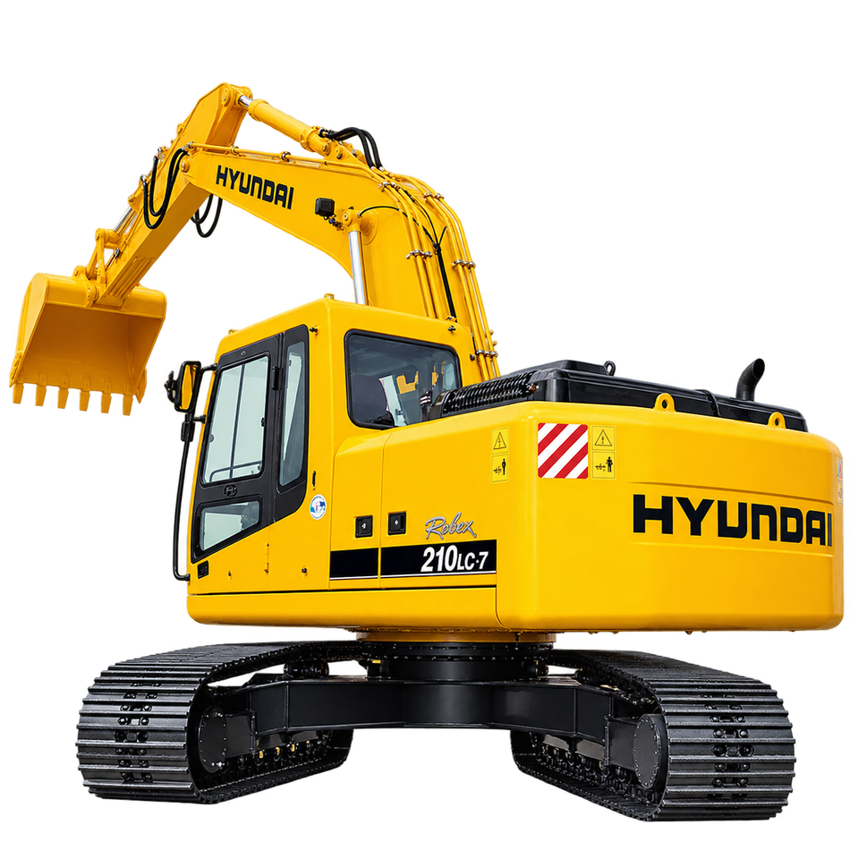 Yellow Hyundai Robex 210LC-7 excavator with black steel tracks, enclosed cab, hydraulic boom, yellow digging bucket, and rear engine counterweight on a transparent background.