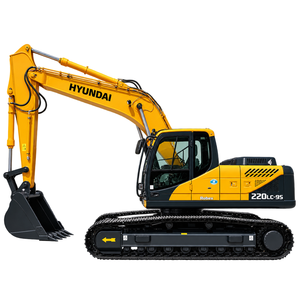 Yellow Hyundai Robex 220LC-9S excavator with black tracks, black bucket, enclosed cab, and black engine housing on a transparent background