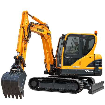 Yellow Hyundai Robex 55-9A mini excavator with black rubber tracks, enclosed cab, front dozer blade, hydraulic boom, and black digging bucket on a transparent background.