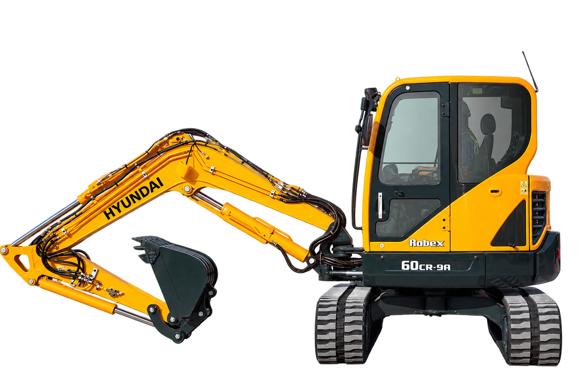 Yellow Hyundai Robex 60CR-9A mini excavator with black rubber tracks, enclosed cab, black digging bucket, and hydraulic boom on a transparent background.