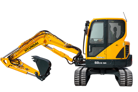 Yellow Hyundai Robex 60CR-9A mini excavator with black rubber tracks, enclosed cab, black digging bucket, and hydraulic boom on a transparent background.