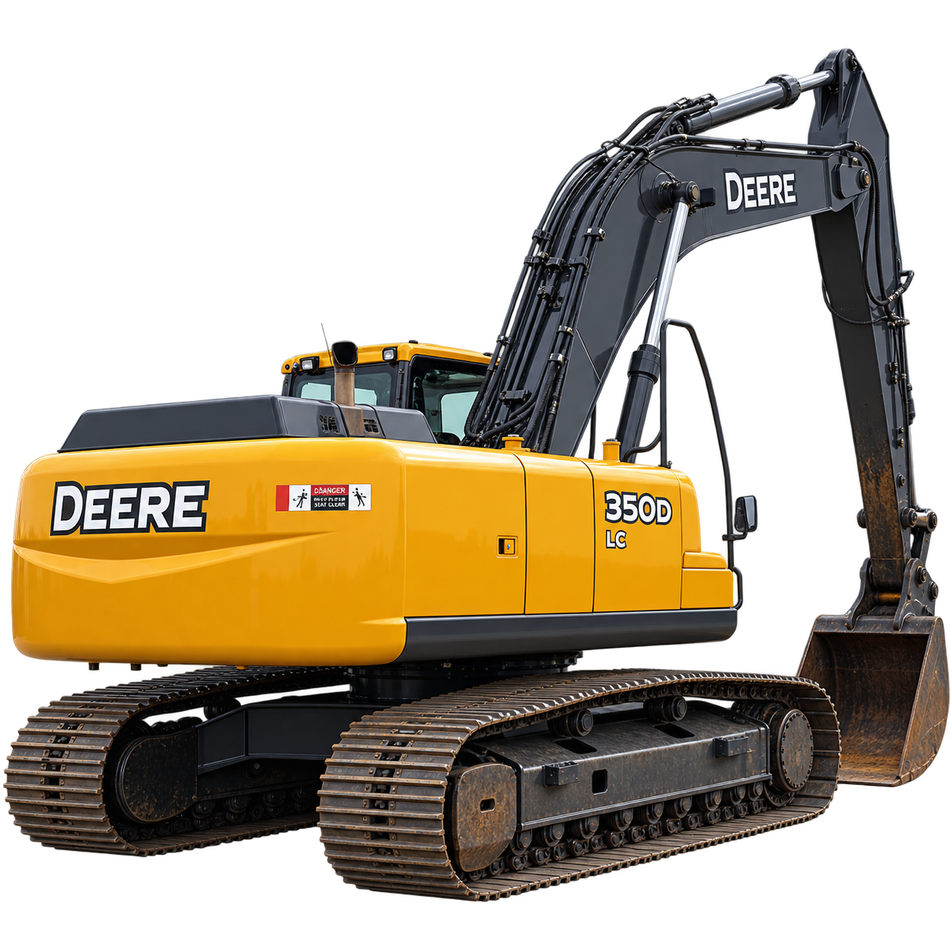 Yellow John Deere 350D LC excavator with black arm and brown bucket on a transparent background.
