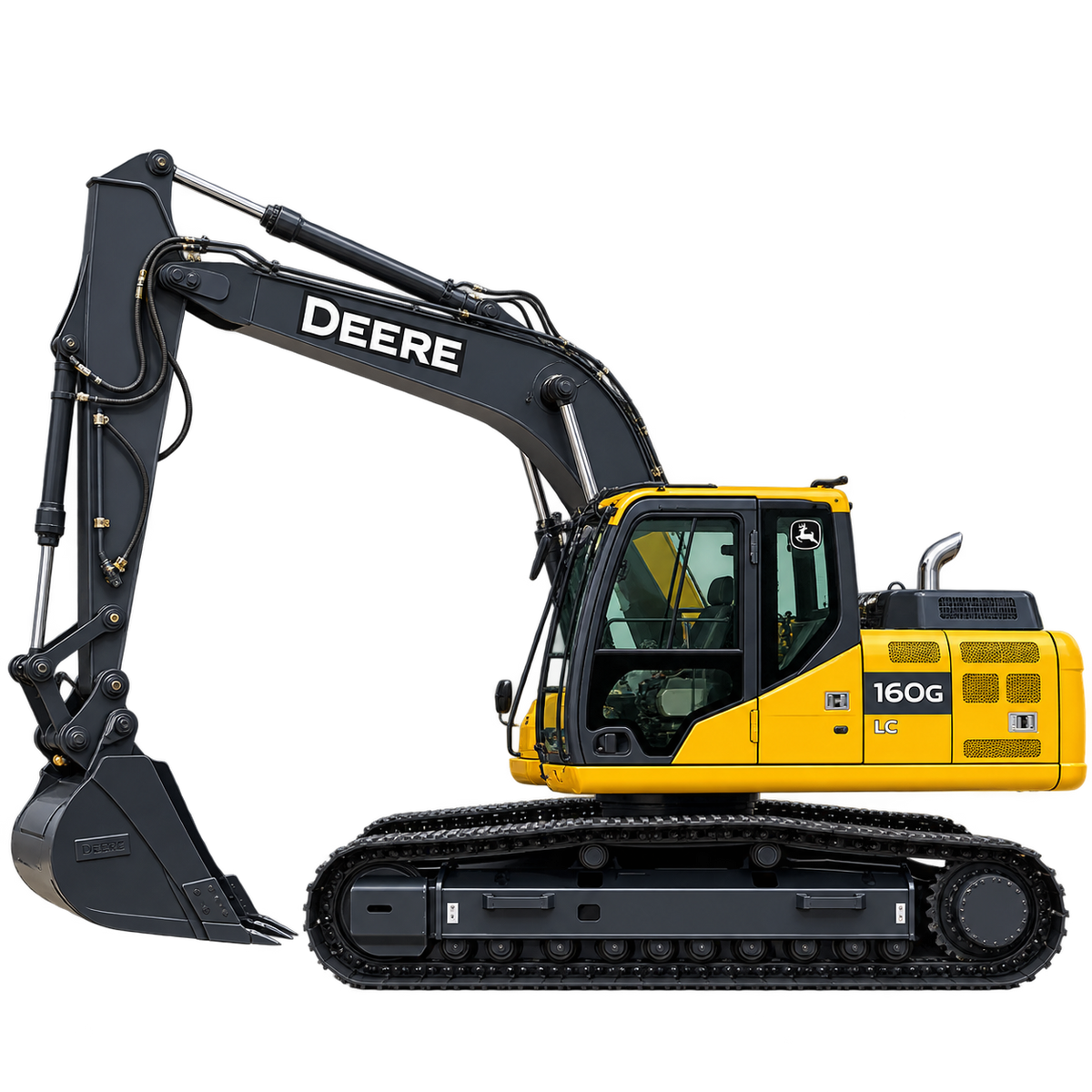 Yellow John Deere 160G LC excavator with black tracks, black boom and arm, black bucket, enclosed cab, and yellow engine housing on a transparent background.