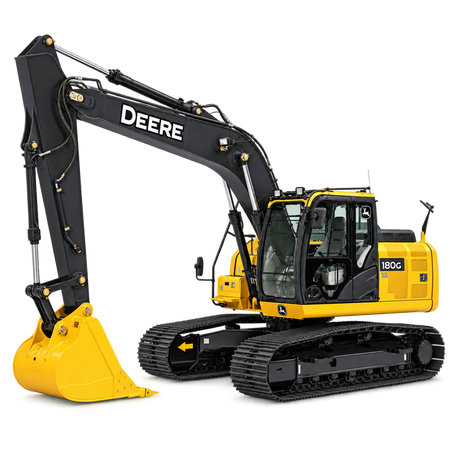Yellow John Deere 180G LC excavator with black tracks, yellow bucket, black boom, and enclosed cab on a transparent background.