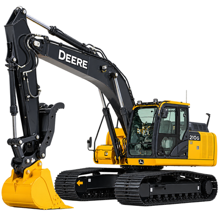 Yellow John Deere 210G LC excavator with black tracks, yellow digging bucket, enclosed cab, and black boom on a transparent background.