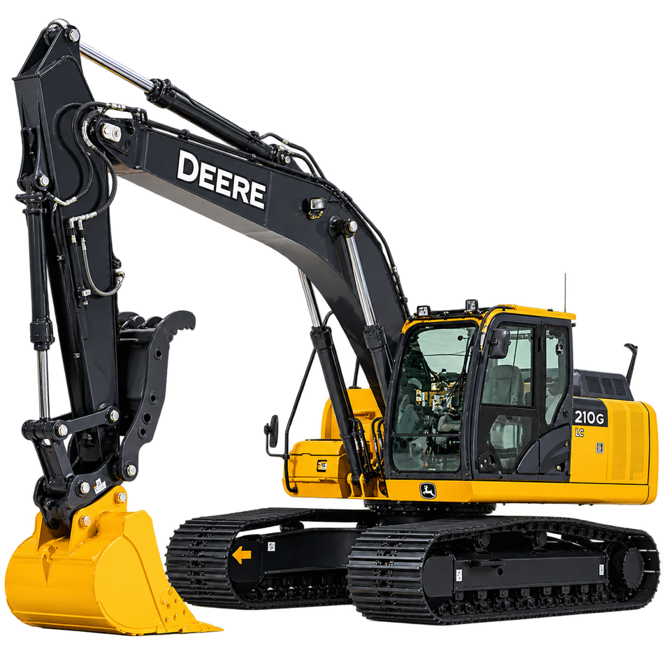 Yellow John Deere 210G LC excavator with black tracks, yellow digging bucket, enclosed cab, and black boom on a transparent background.