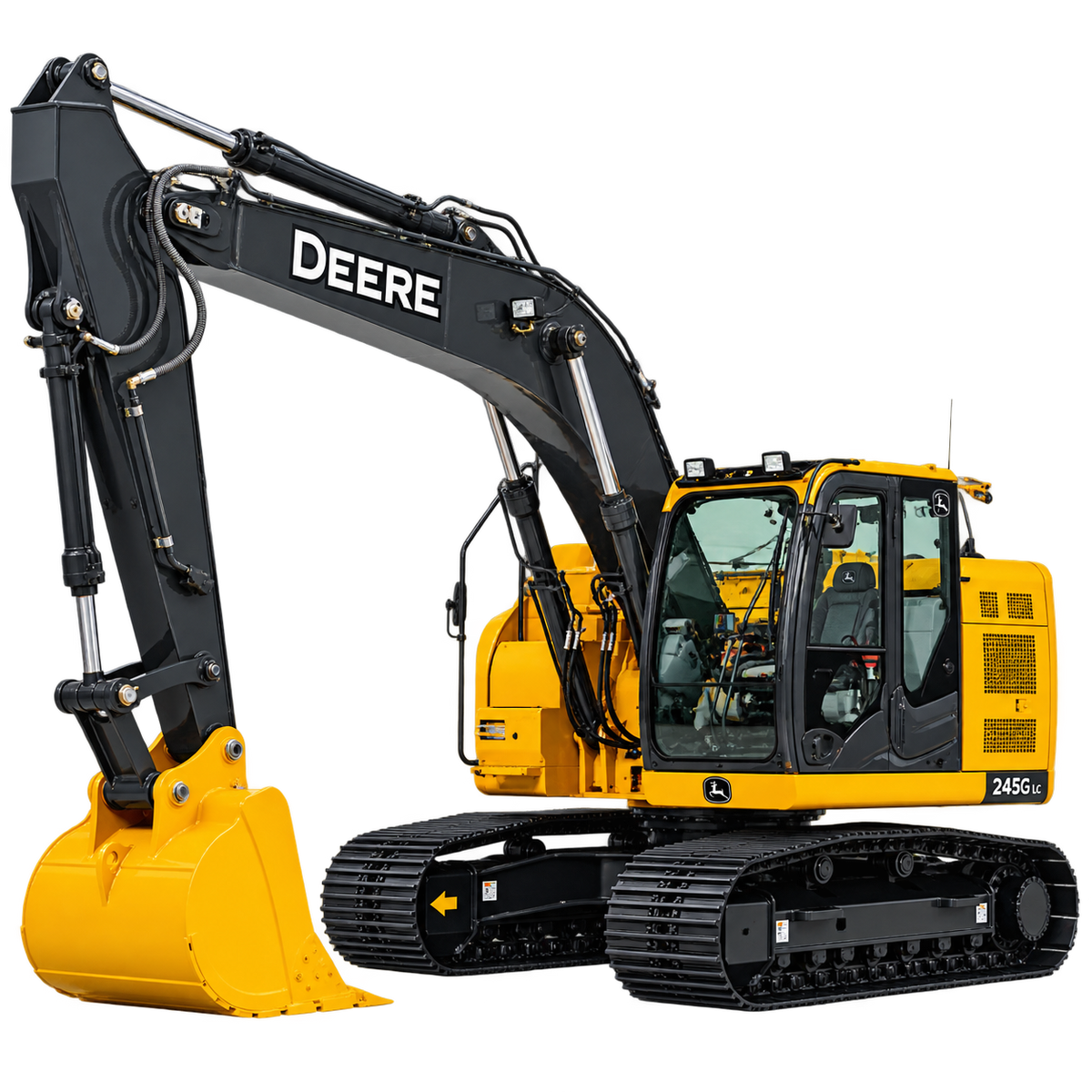 Yellow John Deere 245G LC excavator with black boom, black tracks, yellow digging bucket, and enclosed cab on a white background.