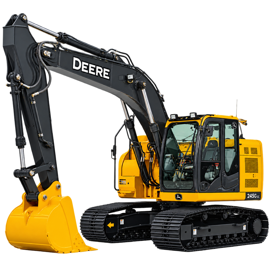 Yellow John Deere 245G LC excavator with black boom, black tracks, yellow digging bucket, and enclosed cab on a white background.