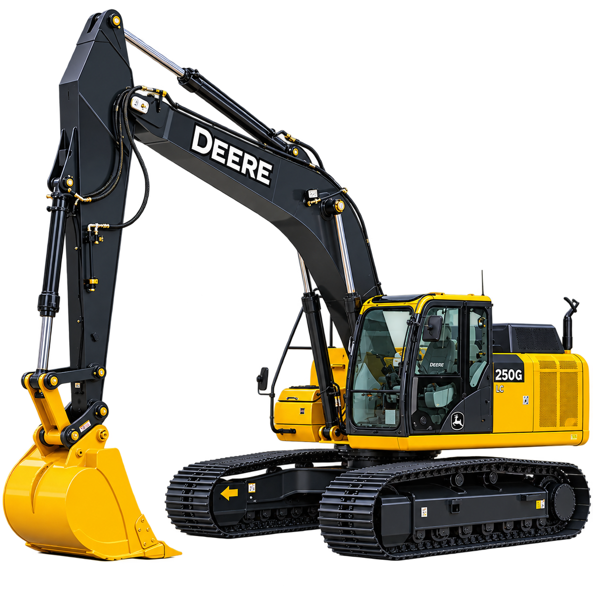 Black and yellow John Deere 250G LC mid-size hydraulic excavator with yellow bucket, black cab, and black tracks on a white background
