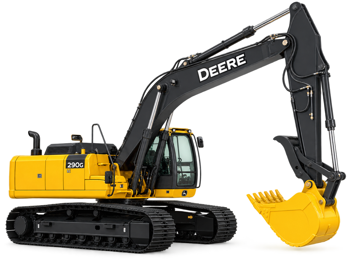 Yellow John Deere 290G LC excavator with black tracks, yellow bucket, and black cab on a transparent background.
