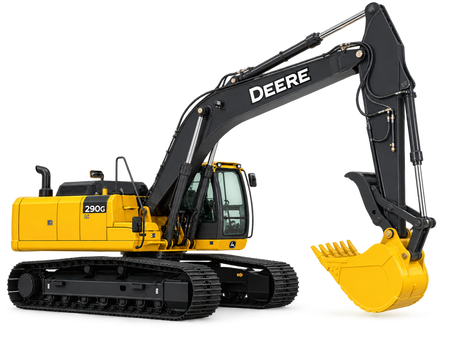 Yellow John Deere 290G LC excavator with black tracks, yellow bucket, and black cab on a transparent background.