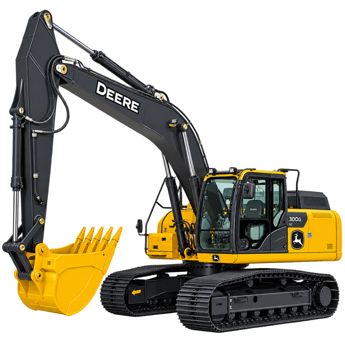 Yellow and black John Deere 300G LC excavator with black tracks, yellow bucket, enclosed cab, and black boom on a transparent background