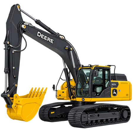 Yellow and black John Deere 300G LC excavator with black tracks, yellow bucket, enclosed cab, and black boom on a transparent background