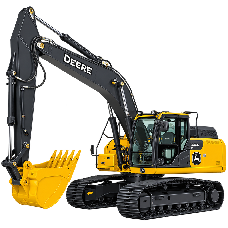 Yellow and black John Deere 300G LC excavator with black tracks, yellow bucket, enclosed cab, and black boom on a transparent background