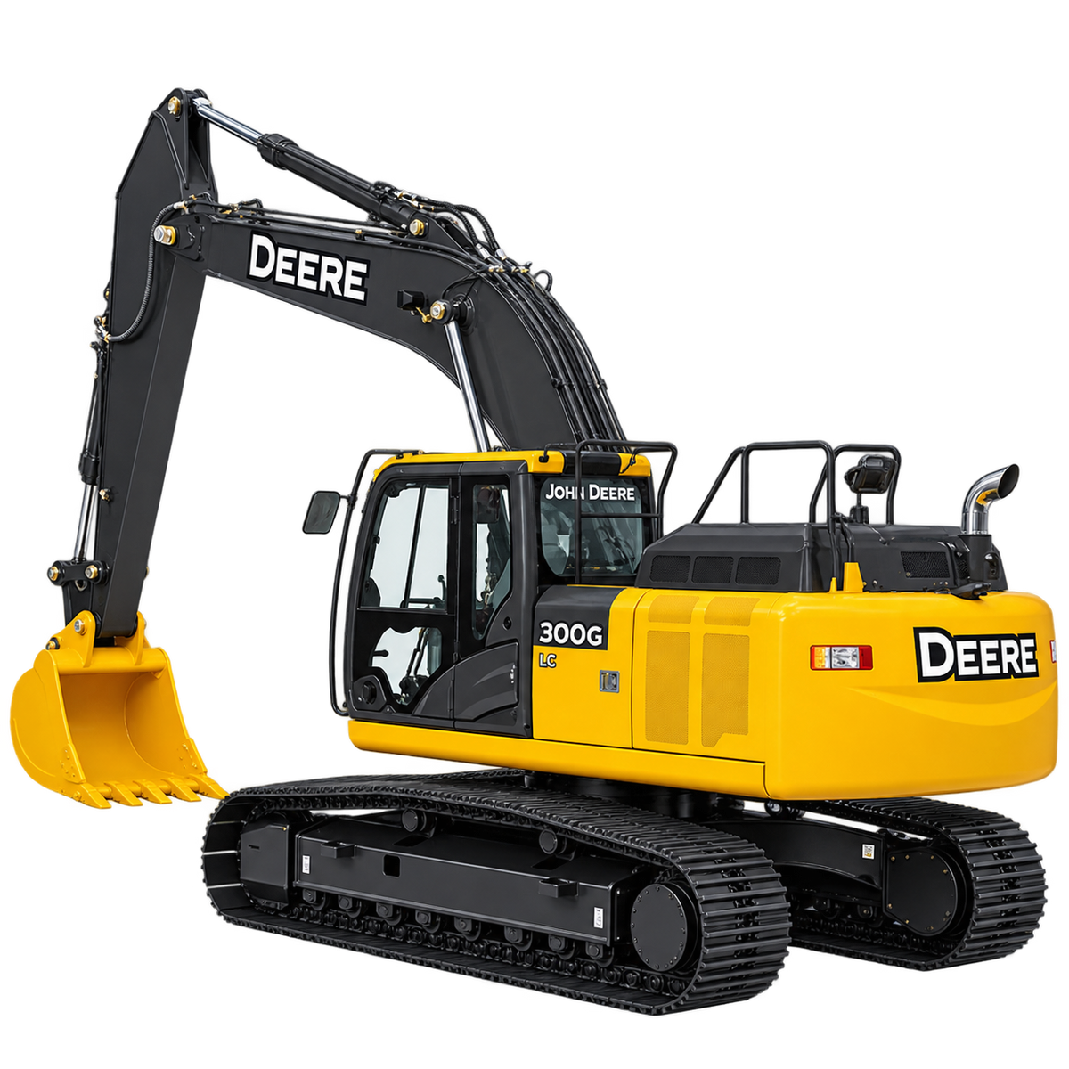 Yellow and black John Deere 300G LC excavator with black tracks, yellow bucket, enclosed cab, and black boom on a transparent background