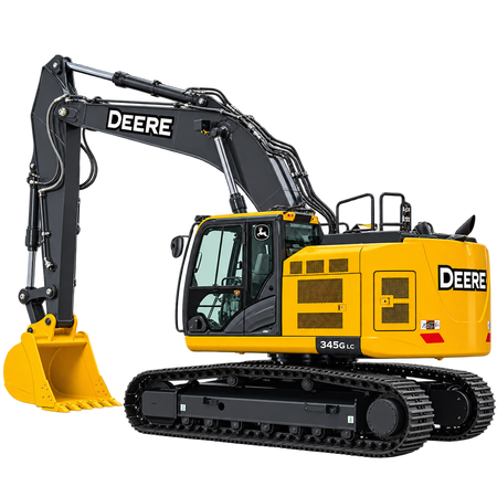 Yellow and black John Deere 345G LC excavator with black tracks, enclosed cab, black boom and arm, and yellow bucket on a transparent background.