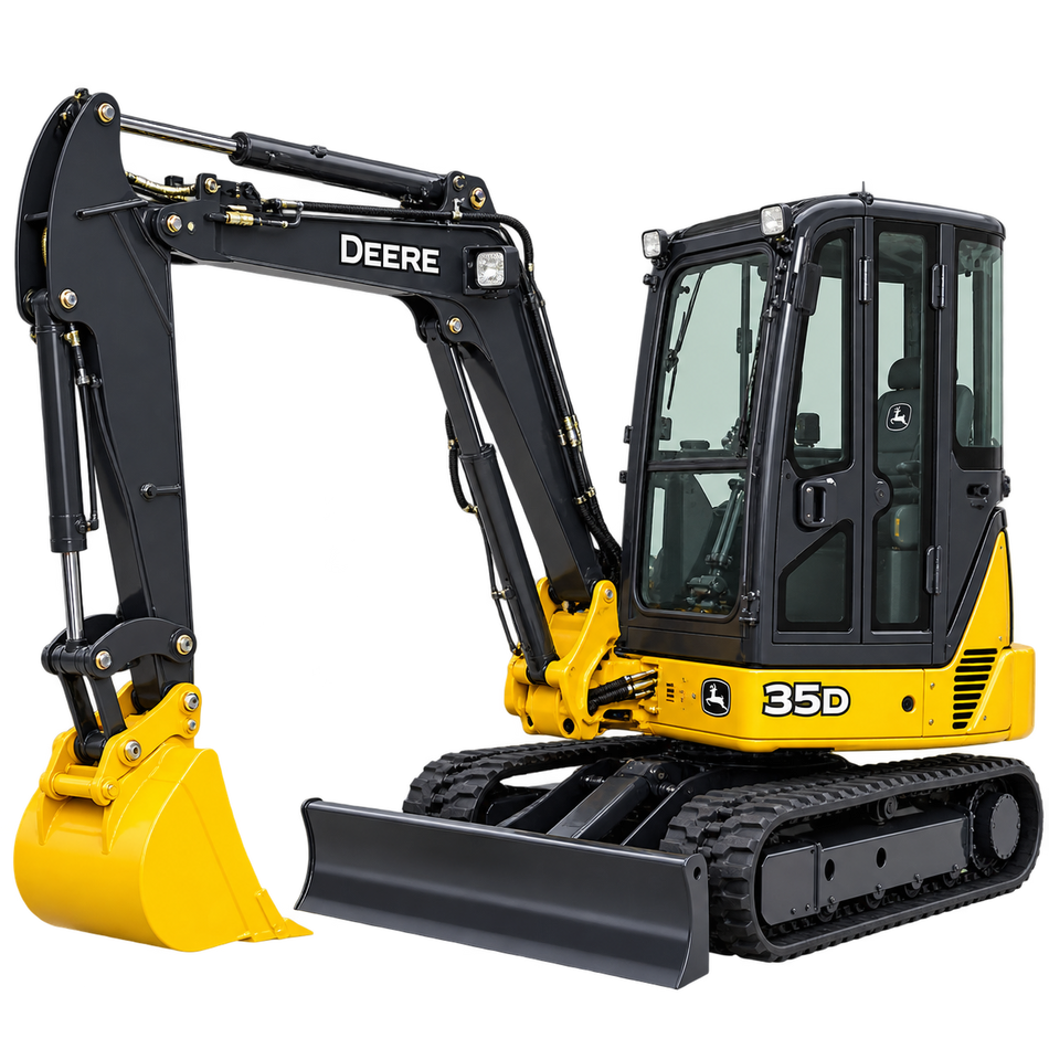 Yellow John Deere 35D excavator with black arm, black cab, black tracks, black dozer blade, and yellow bucket on a transparent background.