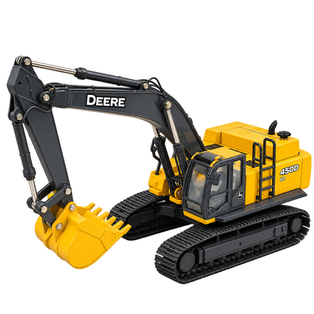 Yellow John Deere 450D LC excavator with black tracks, yellow bucket, black boom, and enclosed cab on a transparent background.